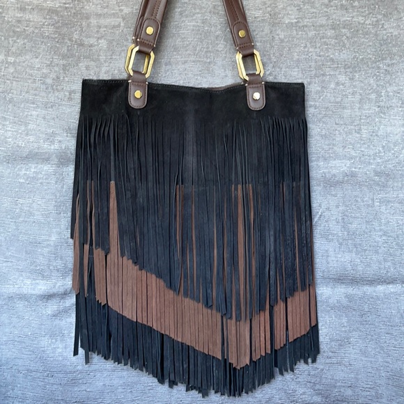 Ella Moss M/L Fringed Suede Leather Tote/handbag Black boho bag - Picture 1 of 16